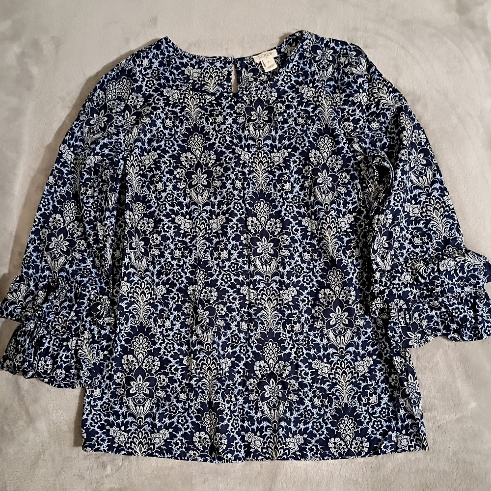 J Crew Blue Floral Double Ruffle Sleeve Top Shirt Blouse 4